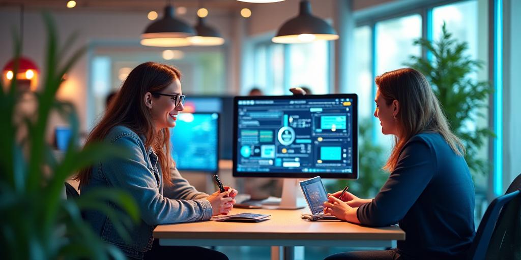 Equipo feliz trabajando con herramientas de IA en una oficina moderna y colorida