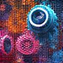 Engranajes de colores con brillos, simbolizando alta eficiencia